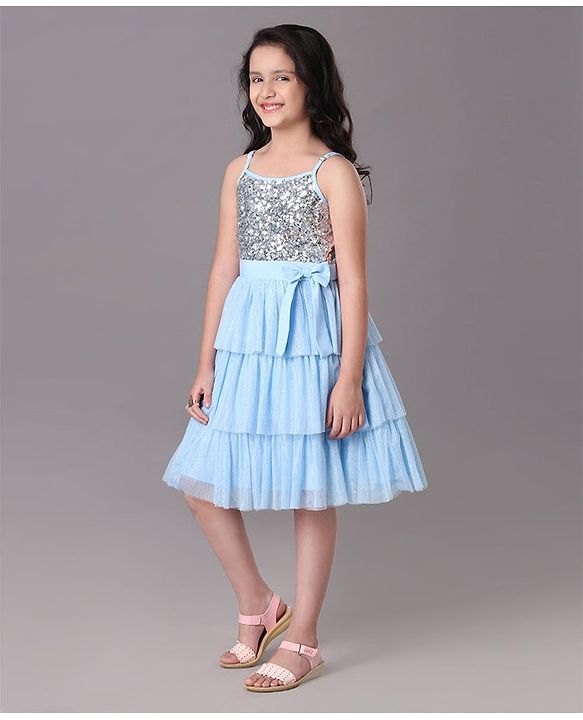 Pine Kids Singlet Tiered Party Dress with Sequin & Foil Print Detailing - Sky Blue