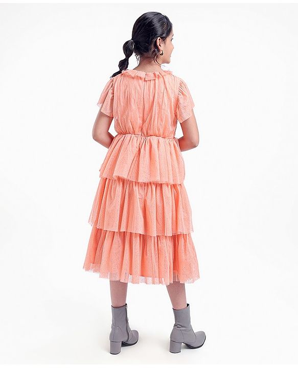 Pine Kids Party Wear Short Sleeves Tiered Frock with Gold Foil Print - Pink