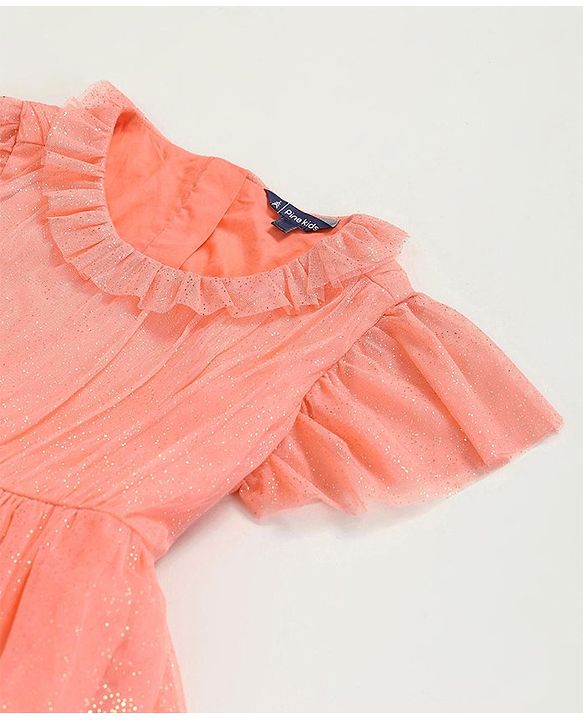 Pine Kids Party Wear Short Sleeves Tiered Frock with Gold Foil Print - Pink
