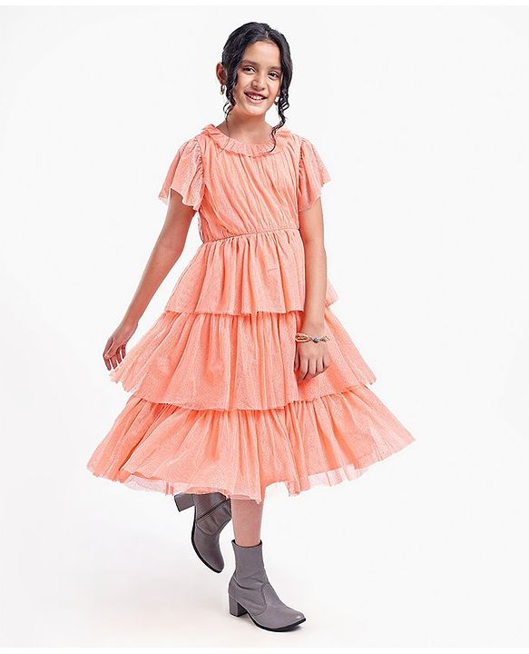 Pine Kids Party Wear Short Sleeves Tiered Frock with Gold Foil Print - Pink