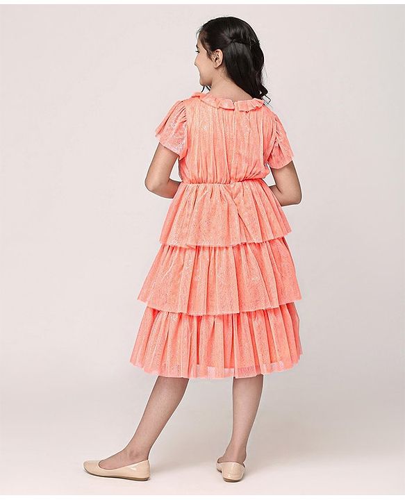 Pine Kids Party Wear Short Sleeves Tiered Frock with Gold Foil Print - Pink