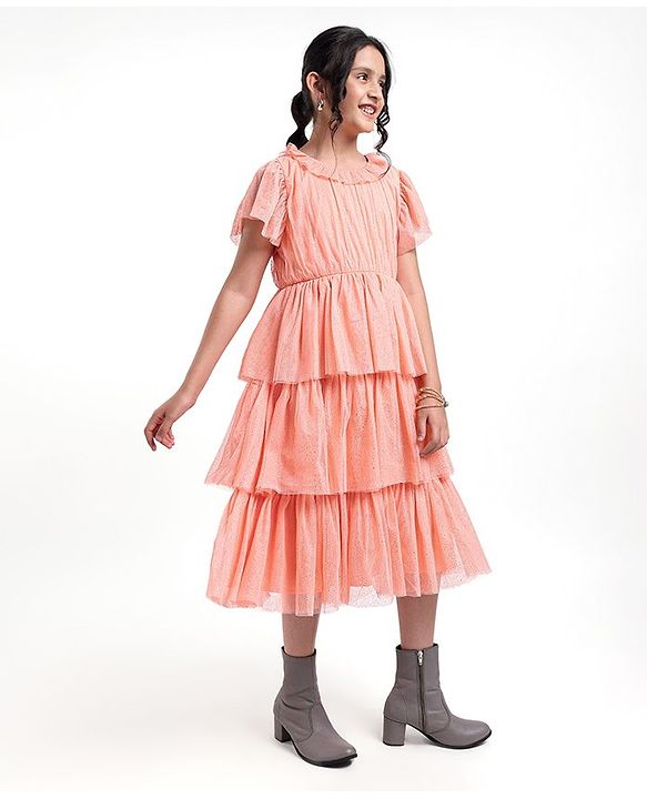Pine Kids Party Wear Short Sleeves Tiered Frock with Gold Foil Print - Pink