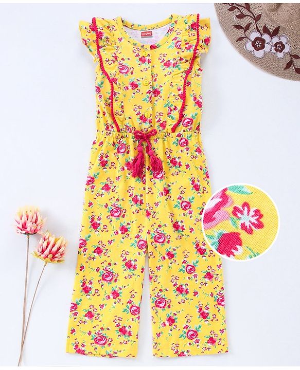 Babyhug Half Sleeves Jumpsuit with Inner Tee Floral Print - Yellow