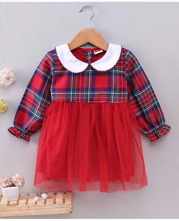 Babyhug Full Sleeves Frock Checked Print  - Red