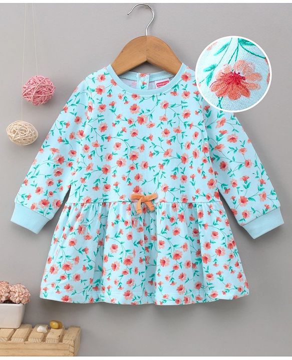 Babyhug Full Sleeves Knee Length Frock Floral Print - Blue