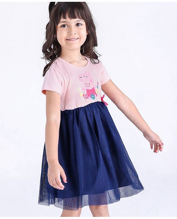 Babyhug Half Sleeves Fit and Flare One Piece Frock with Mesh Peppa Pig Print - Pink