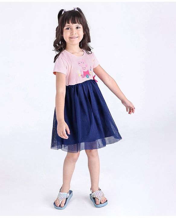 Babyhug Half Sleeves Fit and Flare One Piece Frock with Mesh Peppa Pig Print - Pink