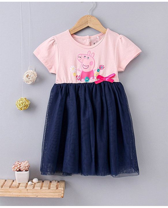 Babyhug Half Sleeves Fit and Flare One Piece Frock with Mesh Peppa Pig Print - Pink