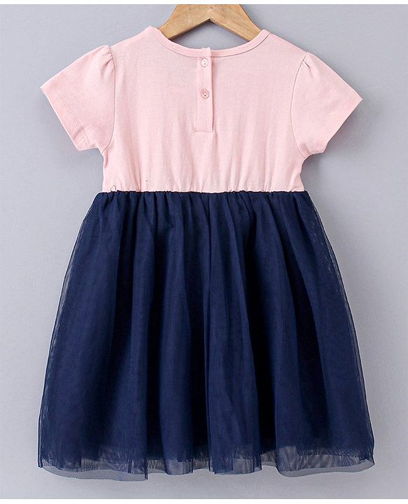 Babyhug Half Sleeves Fit and Flare One Piece Frock with Mesh Peppa Pig Print - Pink