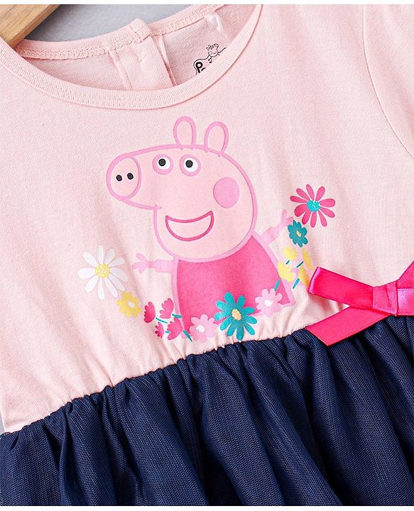 Babyhug Half Sleeves Fit and Flare One Piece Frock with Mesh Peppa Pig Print - Pink