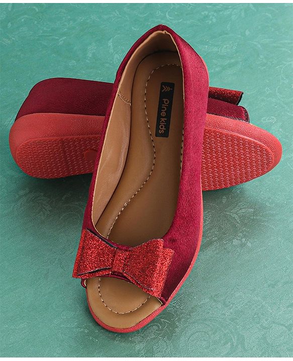 Pine Kids Party Wear Belly Shoes Bow Appliques - Red