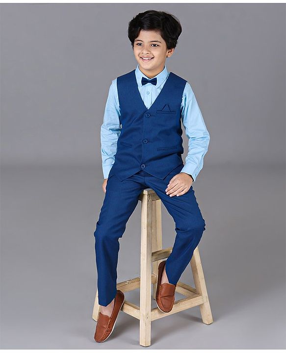 Pine Kids 3 Piece Full Sleeves Party Suit With Bow - Blue