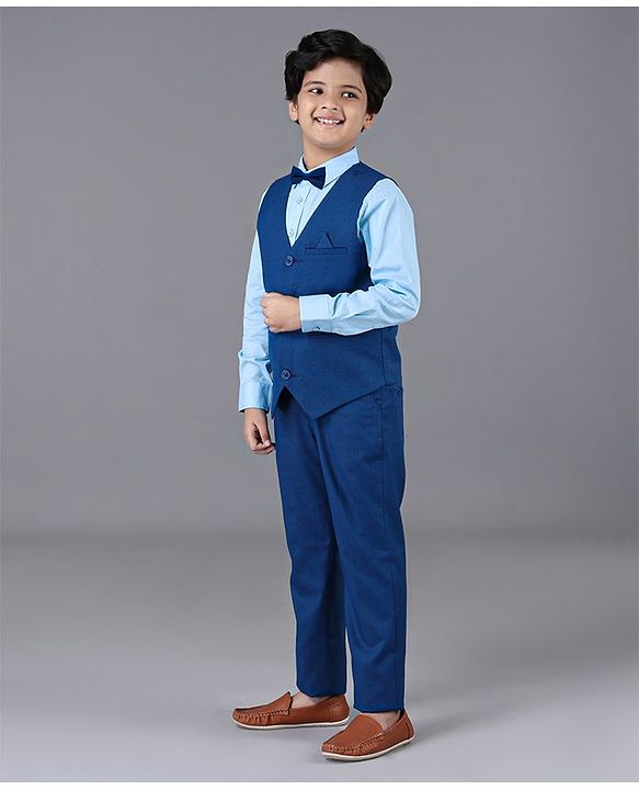 Pine Kids 3 Piece Full Sleeves Party Suit With Bow - Blue