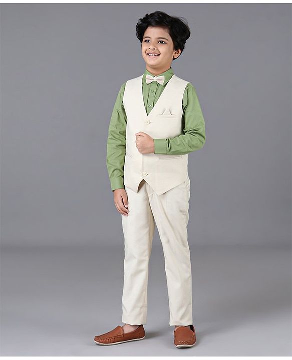 Pine Kids 3 Piece Full Sleeves Party Suit With Bow - White Green