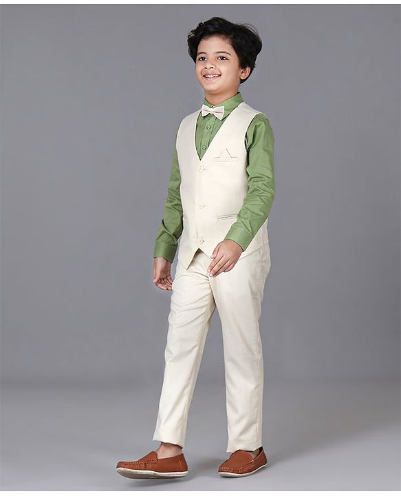 Pine Kids 3 Piece Full Sleeves Party Suit With Bow - White Green