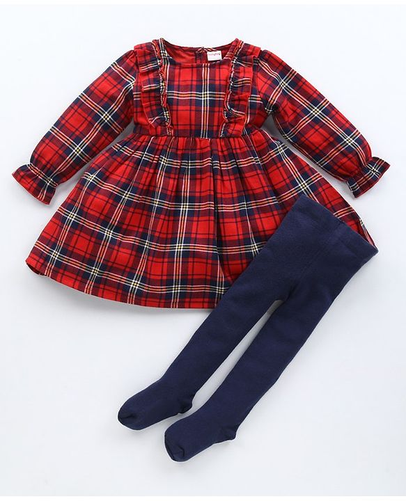 Babyhug Yarn Dyed Checked Frock with Stockings - Multicolour