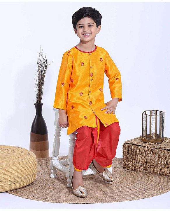 Babyhug Full Sleeves Kurta & Dhoti Set Floral Embroidery - Yellow & Red