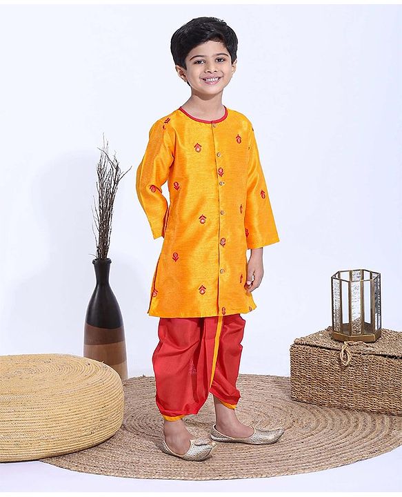 Babyhug Full Sleeves Kurta & Dhoti Set Floral Embroidery - Yellow & Red