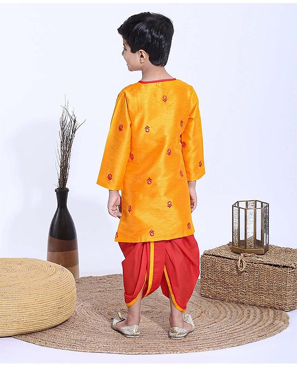 Babyhug Full Sleeves Kurta & Dhoti Set Floral Embroidery - Yellow & Red