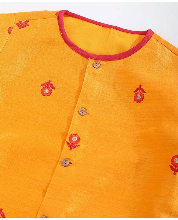 Babyhug Full Sleeves Kurta & Dhoti Set Floral Embroidery - Yellow & Red