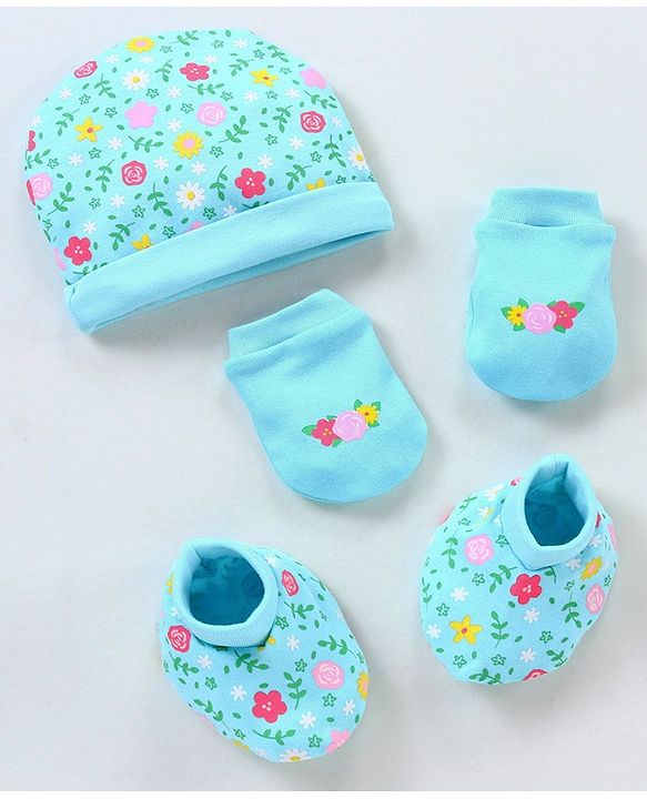 Babyhug 100% Cotton Cap Mitten Booties Set - Blue