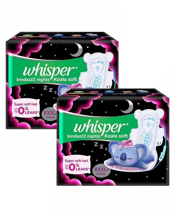 Buy Whisper Bindazzz Nights Koala Soft Sanitary Napkins XXXL- - Pack 8  (Pack of 2 ) Online at