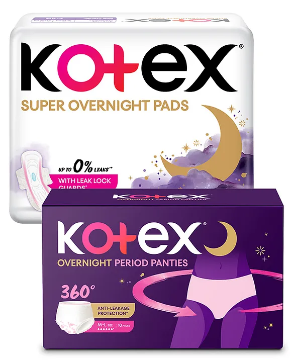 Buy Kotex Overnight Period Panties for Heavy Flow Period Protection Medium  & Large Pack of 10 - White & Kotex Super Overnight Sanitary Pads For Women  - Xl- 26 Night Pads With