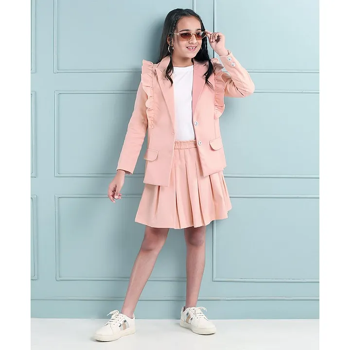 Buy Mark  Mia Full Sleeves Solid Color Tee  Knee Length Skirt with Full  Sleeves Blazer with Frill Detailing Pink for Girls 67Years Online in  India Shop at FirstCrycom  11868350