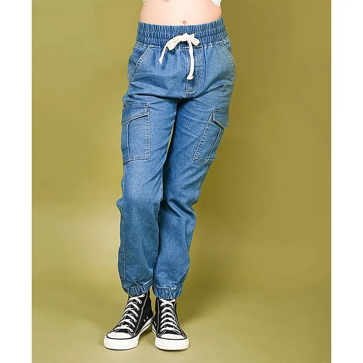 Trendy Latest Stylish Pockets Blue Denim Joggers Cargo Jeans  Pants For  Girls  Women