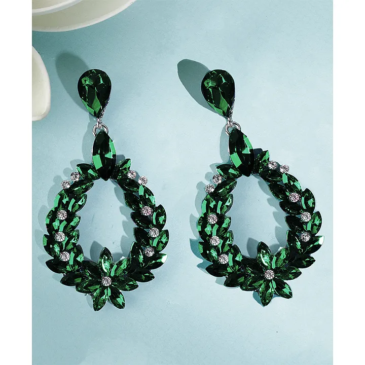 Wonderful Rhodium Green Stone Designer Cubic Zirconia Drop Dangler Earrings   South India Jewels