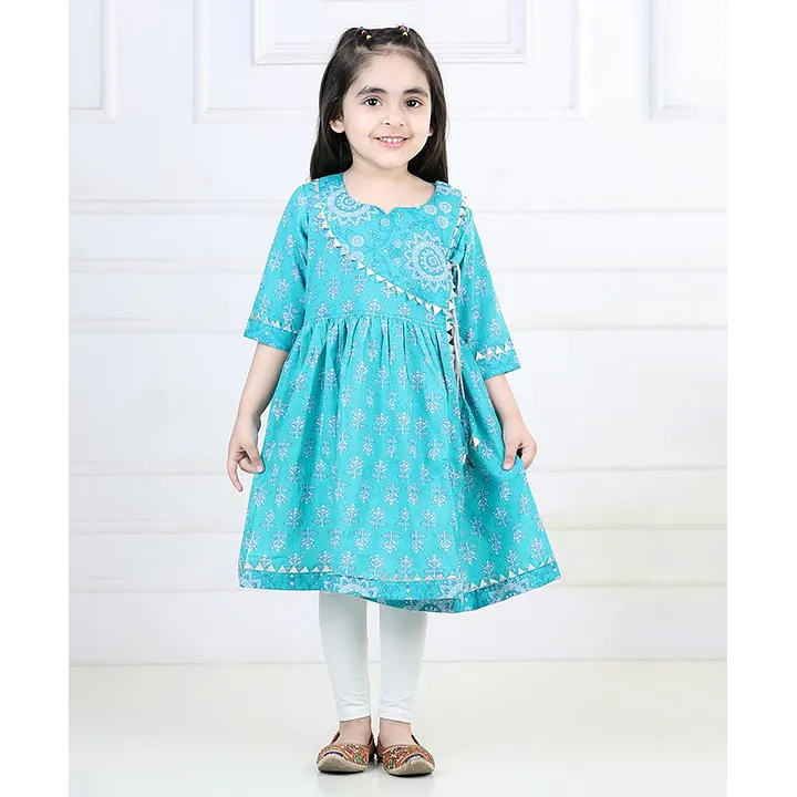 Baby Girls Cotton Jaipuri Printed Angrakha Style Anarkali Kurti with  Contrast Color Regular Plain Sharara DressVN01