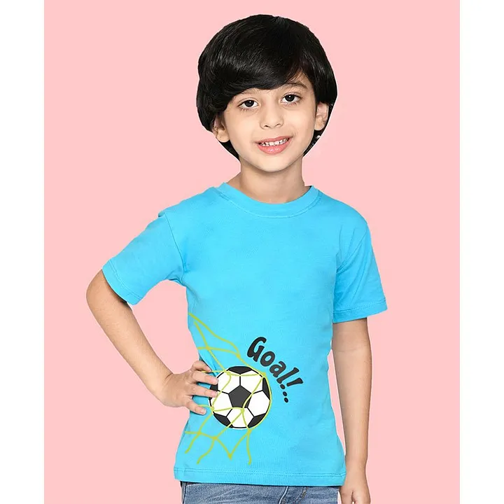 NUSYL Bio Washed Cotton Half Sleeves Football Goal Printed Tee - Blue - 4 to 5 Years - Blue - Boys - for Kids