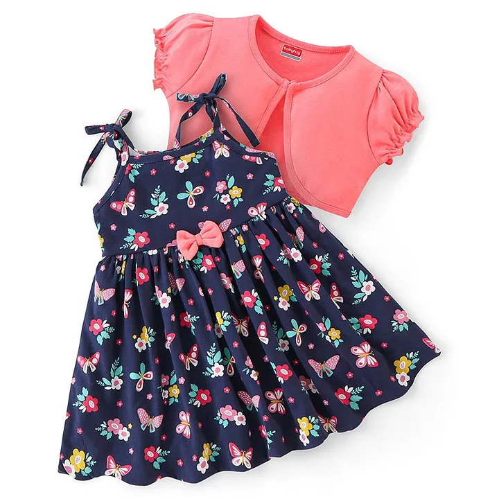 Buy Babyhug 100% Cotton Knit Frock with Half Sleeves Shrug Floral Print  Navy Blue for Girls (0-3Months) Online in India, Shop at FirstCry.com -  13697444
