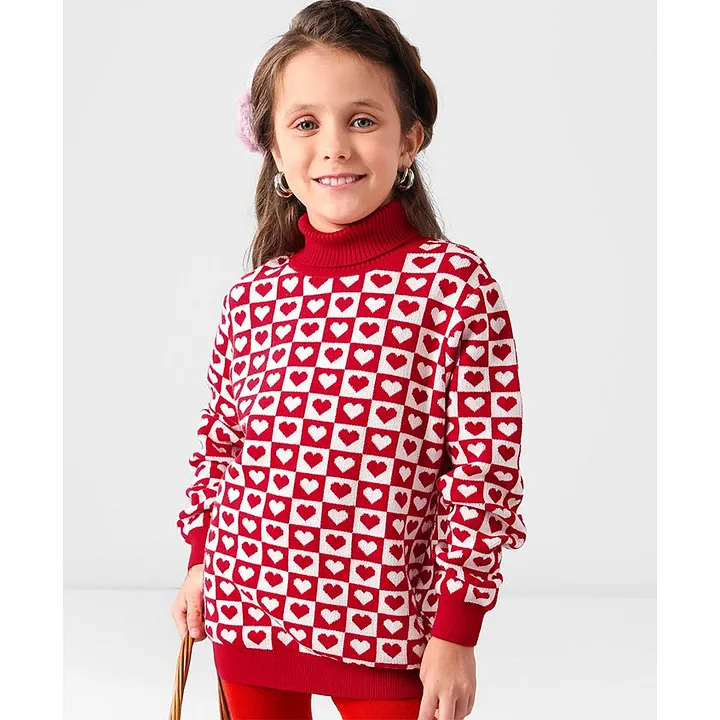 Pine Kids 100% Cotton Full Sleeves Fine Knit Heart Design Turtle Neck Sweater - Red & White - Cotton - 8 to 9 Years - Girls - for Kids