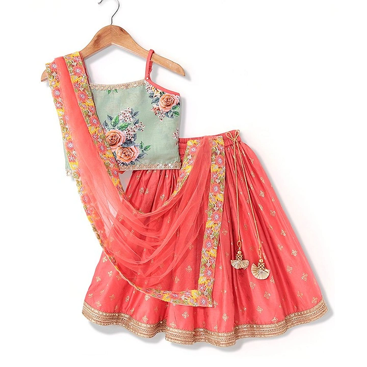Buy Babyhug Sleeveless Choli With Lehenga And Dupatta Floral Print u0026  Embroidery Peach u0026 Green for Girls (3-4Years) Online in India, Shop at  FirstCry.com - 14040914