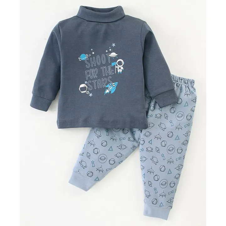 CUCUMBER Interlock Full Sleeves Night Suit Kitty Print - Pastel Blue - Interlock - 3 to 6 Months - Boys - for Infant