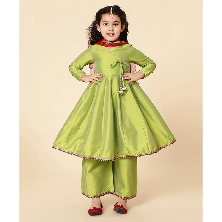 Three Fourth Sleeves Semi Formal Angrakha Frock With ALine Pants Lime  Punch