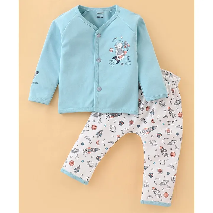 CUCUMBER Interlock Full Sleeves Night Suit Kitty Print - Pastel Blue - Interlock - 3 to 6 Months - Boys - for Infant
