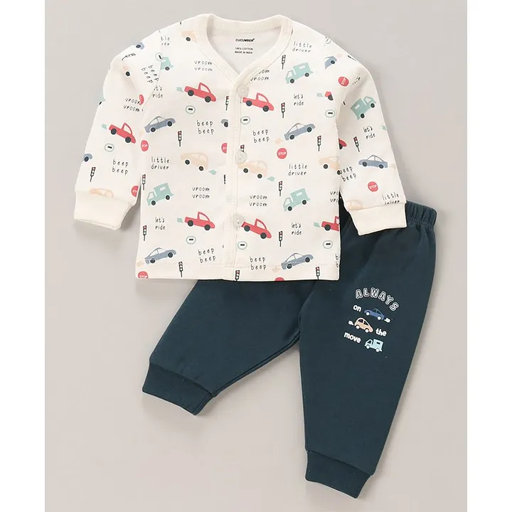 CUCUMBER Interlock Full Sleeves Night Suit Kitty Print - Pastel Blue - Interlock - 3 to 6 Months - Boys - for Infant