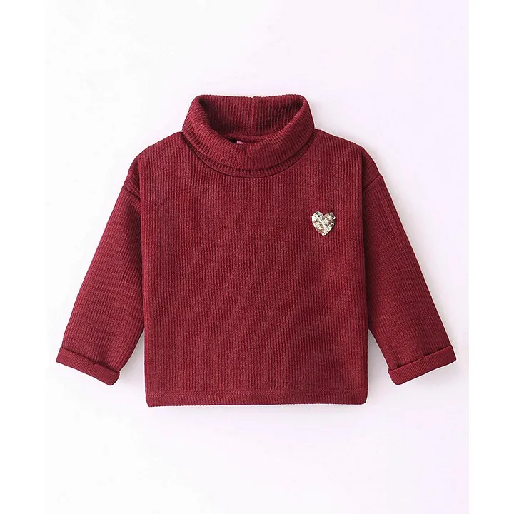 Little Kangaroos Full Sleeves Light Winter Wear Turtle Neck Top with Sequins Heart Embroidery - Maroo - Polyfill - 10 to 11 Years - Girls - for Kids