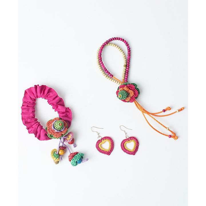 Samoolam Crochet Beaded Hair Ties Ear Rings Combo Multicolour