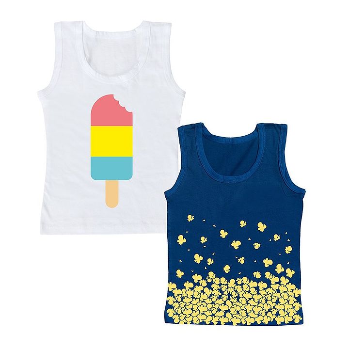 Buy Plan B Pack Of 2 Sleeveless Popsicle Pop Corn Printed Vest White Blue For Boys 4 6 Years Online In India Shop At Firstcry Com