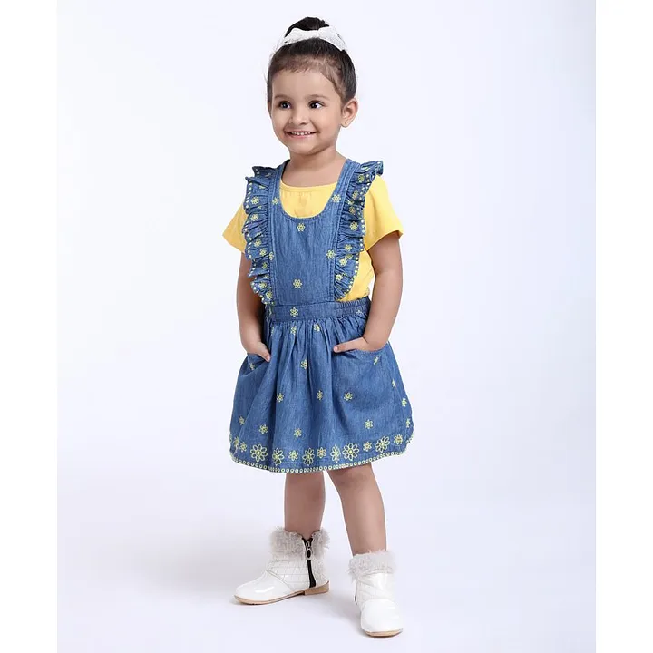 Plain Dungaree Style Dress with Printed Full Sleeve Tshirt  Lilpicks