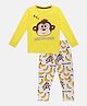 Little Marine Full Sleeves Monkey Print Night Suit - Yellow