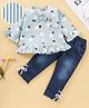 WOW Full Sleeves Top & Bottomwear Set Bow Applique - Blue
