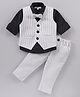 Mark & Mia Woven Full Sleeves Solid Shirt & Trouser Set With Waistcoat & Bow - White & Black