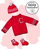 COCOON ORGANICS Handcrafted Full Sleeves Floral Design Sweater With Cap & Socks - Red