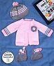 COCOON ORGANICS Full Sleeves Handcrafted Floral Applique Shrug With Stripes Cap And Socks - Pink