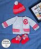 COCOON ORGANICS Full Sleeves Handcrafted Floral Applique Shrug With Stripes Cap And Socks - Grey