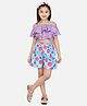 Lilpicks Couture Off Shoulder Half Sleeves Coordinated Print Top And Roses Print Shorts Set - Purple And Blue